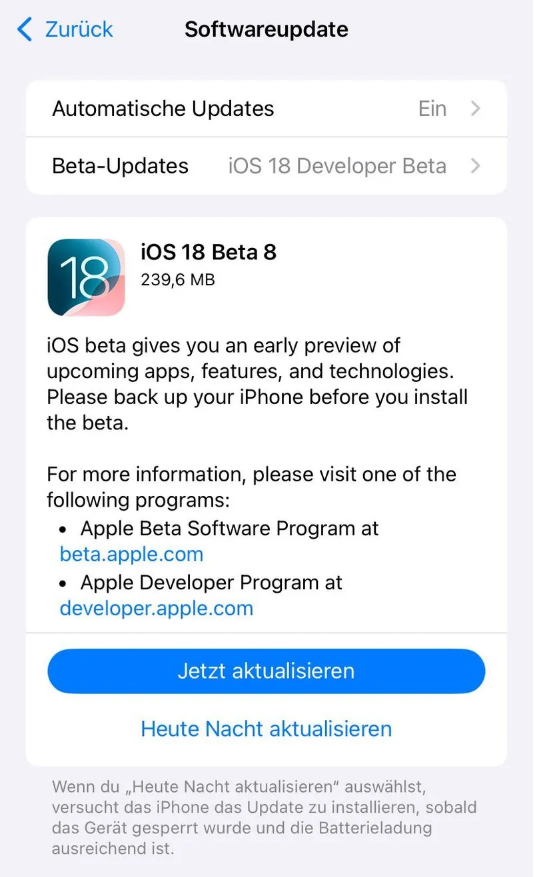 土默特右苹果手机维修分享苹果 iOS / iPadOS 18 开发者预览版 Beta 8 发布 